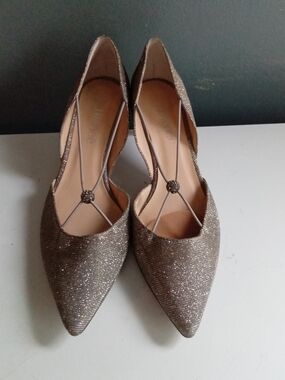 J. Renee Silver Glitter d'Orsay Kitten Heels Rhinestone Strappy Pointed Toe Pump